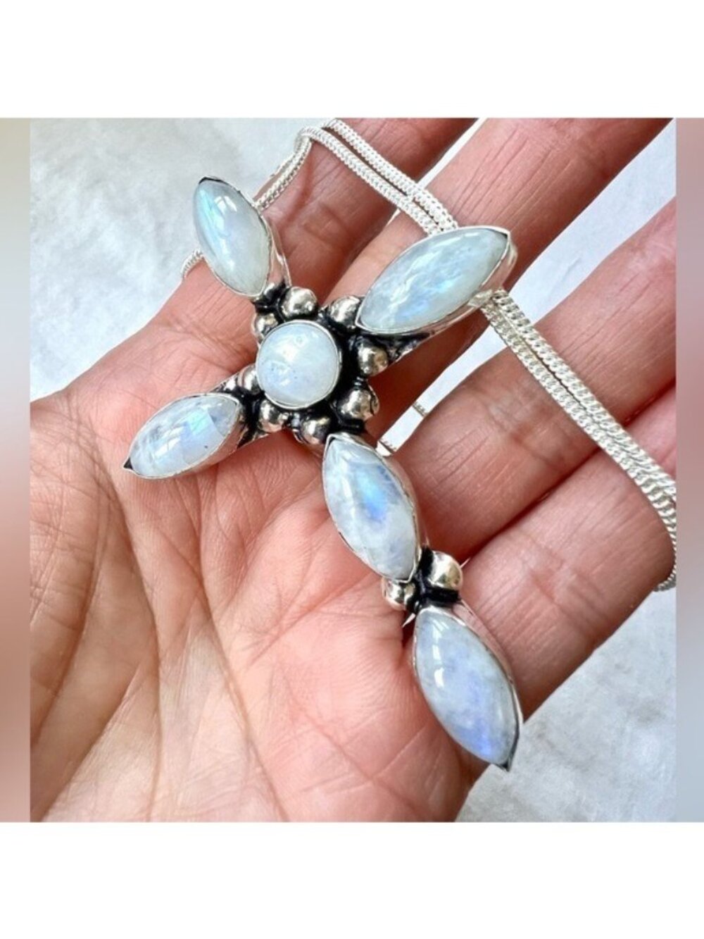 925 Majestic! Rainbow Flash Moonstone Cross Pendant Necklace - Picture 2 of 7